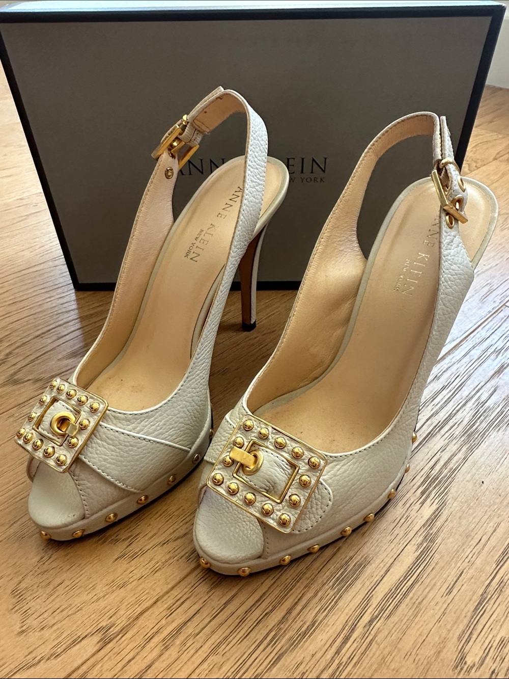 Anne Klein Ivory Peep-Toe Slingback Heels with Gold Studs